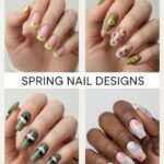 Milky White With Chrome Nails That Look Luxe A collage of four spring nail designs, featuring pastel yellow French tips with gold studs, olive green nails with pressed floral accents, glossy green nails with white reflective stripes, and watercolor-style pink and blue abstract art on a soft base.