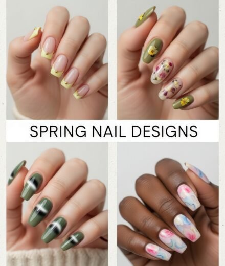 Fresh, Luxe Spring Nail Designs You’ll Want to Save A collage of four spring nail designs, featuring pastel yellow French tips with gold studs, olive green nails with pressed floral accents, glossy green nails with white reflective stripes, and watercolor-style pink and blue abstract art on a soft base.