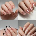 A collage of four elegant acrylic nail ideas featuring nude-toned manicures: square nails with a subtle ombré finish, almond-shaped nails with a pink chrome gradient, French tips with glossy black accents, and a creamy base with a swirl design on one nail.