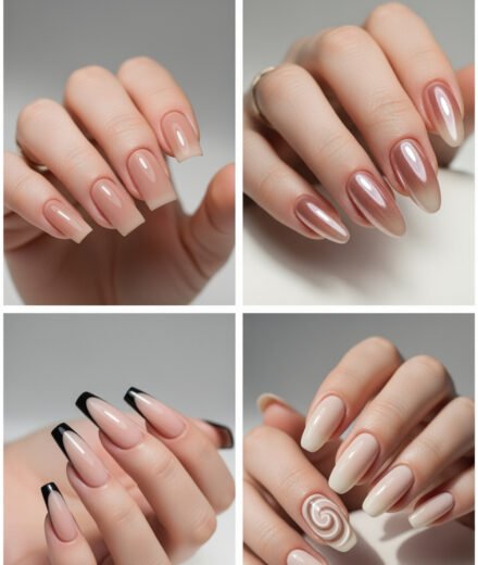 A collage of four elegant acrylic nail ideas featuring nude-toned manicures: square nails with a subtle ombré finish, almond-shaped nails with a pink chrome gradient, French tips with glossy black accents, and a creamy base with a swirl design on one nail.