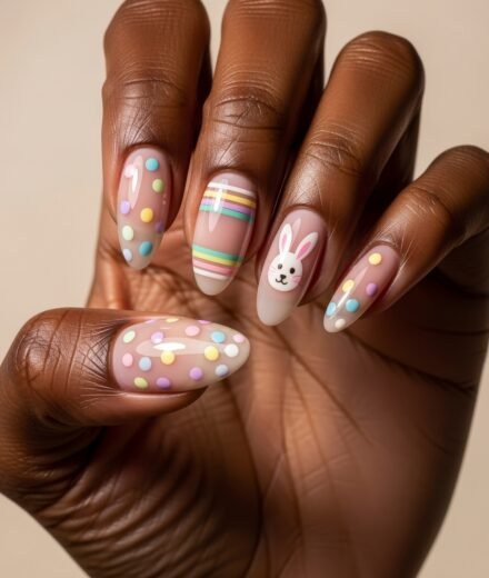 Hand with almond-shaped Easter nail designs featuring pastel polka dots, colorful horizontal stripes, and a cute bunny face accent nail on a nude base.