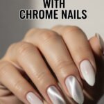 Hand with long almond-shaped nails featuring a glossy milky white with chrome nails design, combining a soft sheen and subtle metallic accents for a chic and modern look.