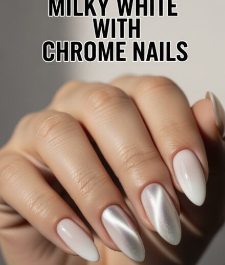 Hand with long almond-shaped nails featuring a glossy milky white with chrome nails design, combining a soft sheen and subtle metallic accents for a chic and modern look.