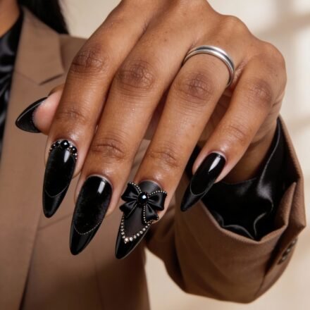 Black Valentines Day Nails That Feel Chic And Romantic Close-up of a hand with long, stiletto-shaped black valentines day nails featuring a mix of glossy and velvet finishes, rhinestone accents, and a 3D black bow on the ring finger, styled with a brown blazer and silver ring.