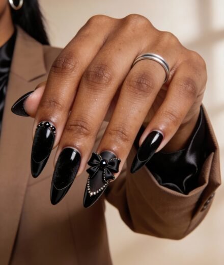 Close-up of a hand with long, stiletto-shaped black valentines day nails featuring a mix of glossy and velvet finishes, rhinestone accents, and a 3D black bow on the ring finger, styled with a brown blazer and silver ring.