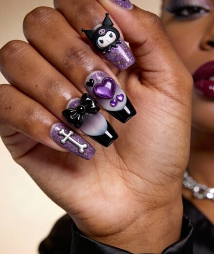 Close-up of a hand with gothic valentines nails featuring purple glitter polish, 3D embellishments including a cartoon character, hearts, a bow, a crossbone, and a spike barbell accent.