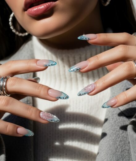 Icy Blue Winter Nails That Look Fresh and Luxe Close-up of hands with long almond-shaped nails featuring a frosty French tip design in icy blue with silver glitter and snowflake accents, styled as elegant Winter Nails.
