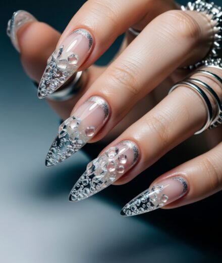 January Nails That Feel Cozy, Clean, and Luxe Long stiletto nails with a clear base and intricate 3D bubble-like embellishments, accented by silver glitter cuticle lines, evoking a frosty, Winter Nails aesthetic.