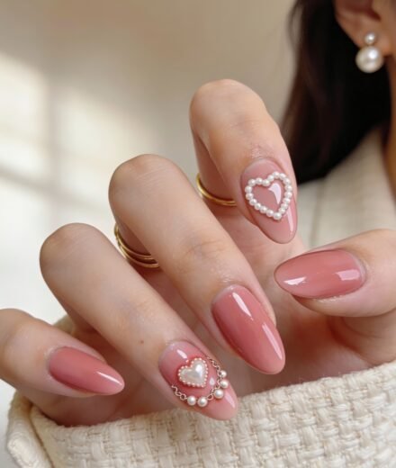 Almond-shaped pink valentines nails with glossy polish, featuring pearl heart designs and delicate embellishments on the ring and index fingers.
