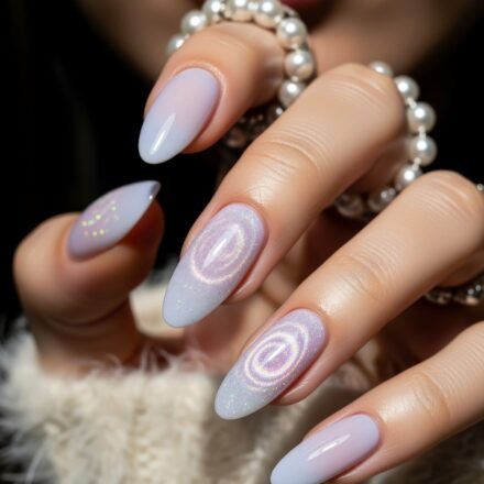 Close-up of long almond-shaped nails with a pastel ombré base, featuring glossy finishes and holographic swirl accents, perfect for a soft winter nails look.