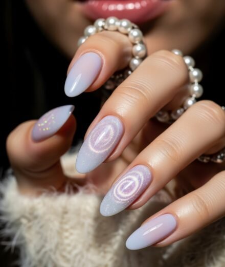 Purple Winter Nails That Look Luxe In Every Light Close-up of long almond-shaped nails with a pastel ombré base, featuring glossy finishes and holographic swirl accents, perfect for a soft winter nails look.