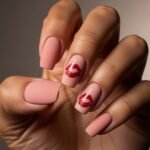 Hand with square-shaped nails painted in soft pink, featuring glossy red lip prints on two accent nails, a flirty and modern twist on valentines nails designs.