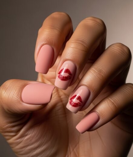 Hand with square-shaped nails painted in soft pink, featuring glossy red lip prints on two accent nails, a flirty and modern twist on valentines nails designs.