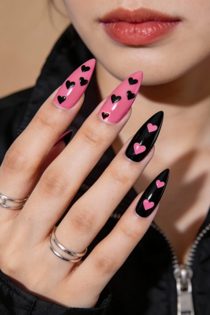 Black And Pink Nails That Look Instantly Chic 1 Almond-shaped nails alternate between glossy pink with black heart designs and glossy black with pink hearts, showcasing a playful take on black and pink nails.