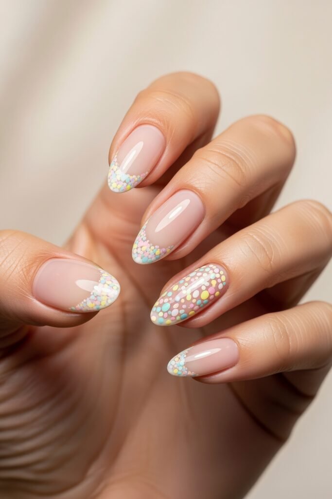 Close-up of elegant pastel dot-tipped nails with a sheer pink base, including one fully covered in multicolored dots for a festive Easter nails look.