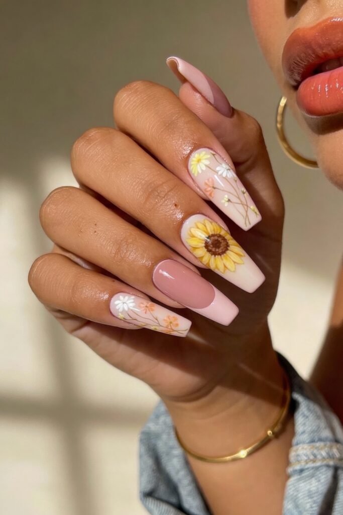 Pink and Yellow Nails That Feel Bright and Wearable 1 Square-shaped nails with a pastel pink base feature detailed floral nail art, including daisies and a large sunflower. One nail is painted solid pink. The hand is shown near the face, with the person wearing gold jewelry and a denim jacket.