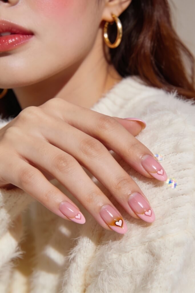 Pink Valentines Nails That Feel Chic, Glossy, and New 1 Light pink valentines nails with heart-shaped accents at the tips, including a standout amber-toned heart on the ring finger.