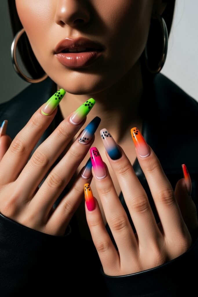 Swaggy Nails That Look Cool and Expensive 1 Neon and gradient coffin nails with black polka dot patterns, blending bright colors like green, orange, blue, and pink for a vibrant, edgy Nail Art Idea.