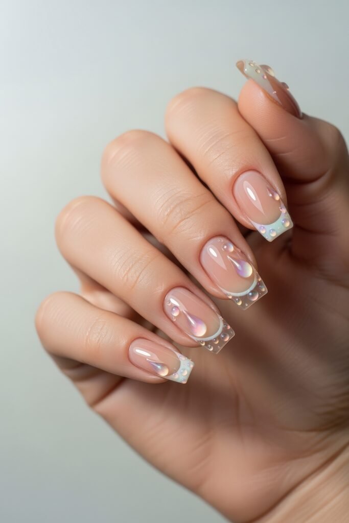 Fresh, Luxe Spring Nail Designs You’ll Want to Save 2 Square-shaped nails with translucent nude bases, accented by iridescent drops and pearl-like embellishments, resembling dewy spring mornings.