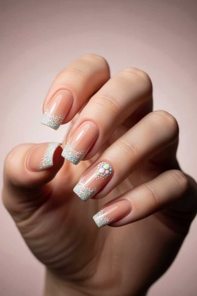 Square-shaped nails with soft pink polish and pastel dotted French tips, including one accent nail with a dotted flower design, perfect for Easter nail designs.