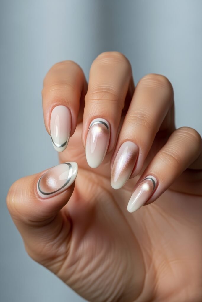 Oval nails with a soft ombré of blush pink and white, accented by chrome arcs and shimmer, giving a delicate and ethereal feel perfect for January nails.