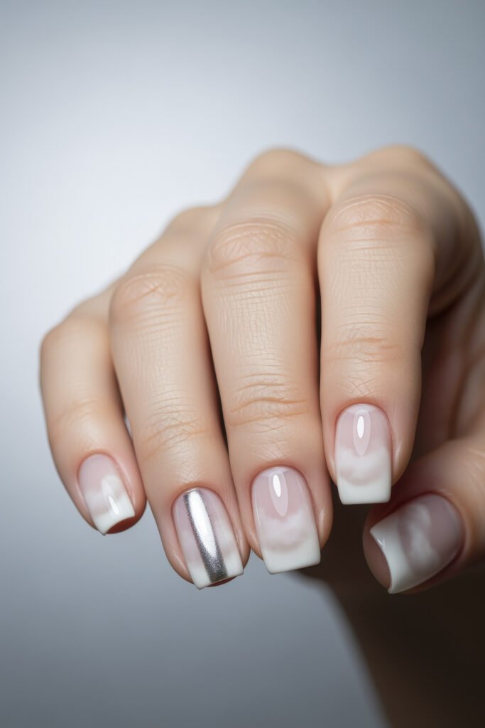 Milky White With Chrome Nails That Look Luxe 2 Square-shaped nails with a milky white base and soft cloudy designs, featuring one chrome-accented nail for contrast.