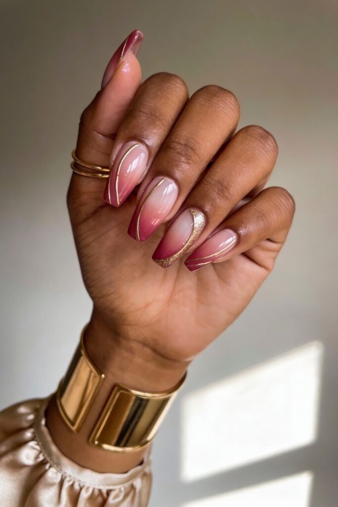 Elegant coffin-shaped nails with a pink ombré base, accented by subtle gold lines and metallic details along the edges.