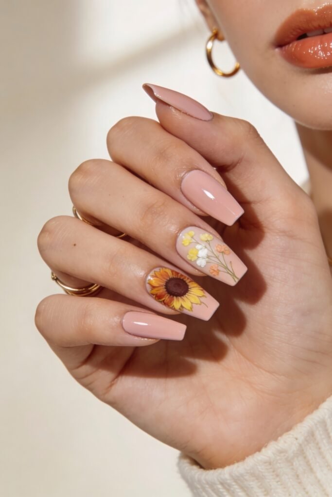 Pink and Yellow Nails That Feel Bright and Wearable 2 A close-up of square nude-pink nails with one sunflower and small white and orange flowers painted on two accent nails. The rest are kept in a solid pink tone. The person wears gold rings and a cream sweater.