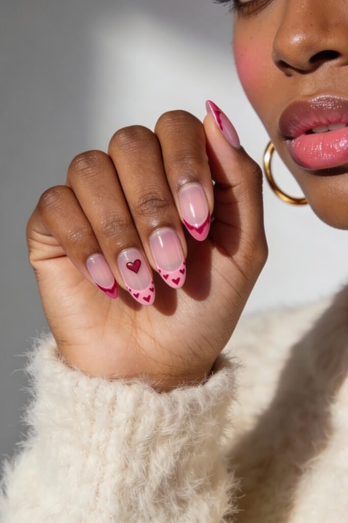 Pink Valentines Nails That Feel Chic, Glossy, and New 2 Pink valentines nails with a translucent base, hot pink French tips, and heart motifs in varying sizes and shades.