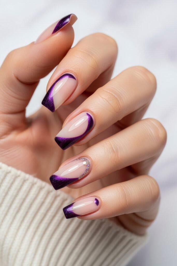 Glossy coffin nails with a nude base and shimmering deep purple glitter French tips, accented with rhinestones and a pearl, creating an elegant purple winter nails style.