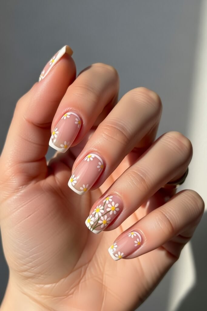 Fresh, Luxe Spring Nail Designs You’ll Want to Save 18 Nude-toned square nails decorated with delicate white daisies and French tips, capturing a fresh and feminine springtime floral theme.