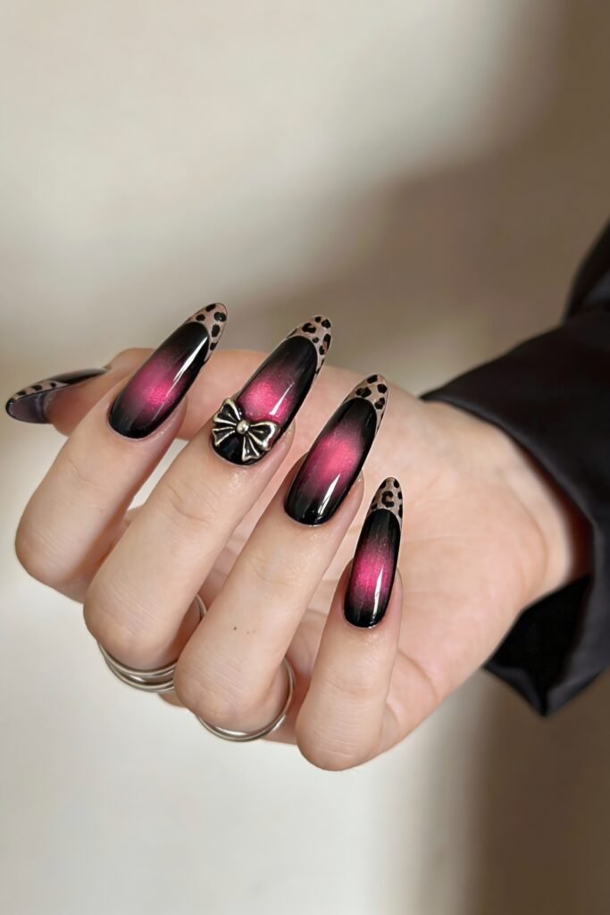 Black And Pink Nails That Look Instantly Chic 17 Long nails with a black and pink magnetic ombré effect, leopard print French tips, and a 3D metallic bow charm, combining glam with animal print flair.