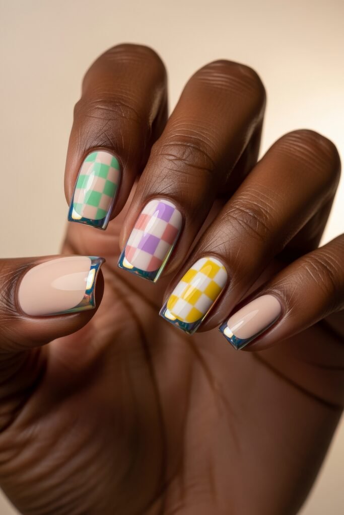 Square nails with multicolored pastel gingham patterns and blue chrome French tips, offering a cheerful and retro twist for Easter nail designs.