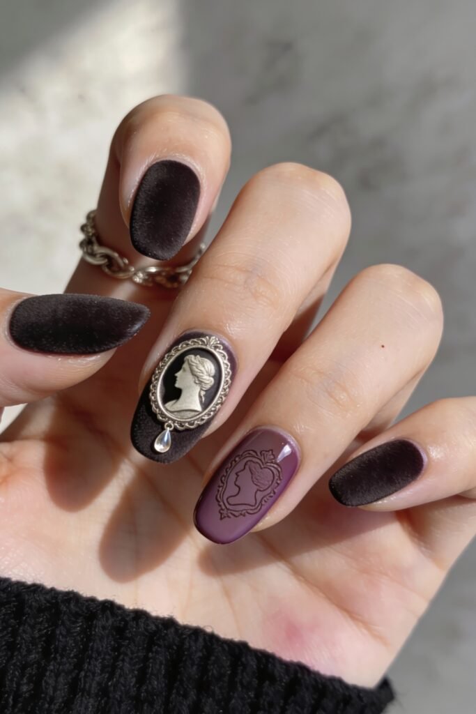 Gothic Valentines Nails That Feel Dark and Romantic 17 Velvet matte gothic valentines nails in deep black and plum, adorned with vintage-style cameo portraits and a tiny teardrop charm.