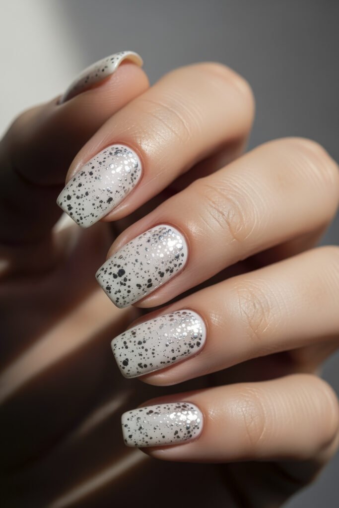 Milky White With Chrome Nails That Look Luxe 19 Square nails with a white polish base, covered in a dense mix of silver and black glitter speckles, giving a fun and festive confetti effect.