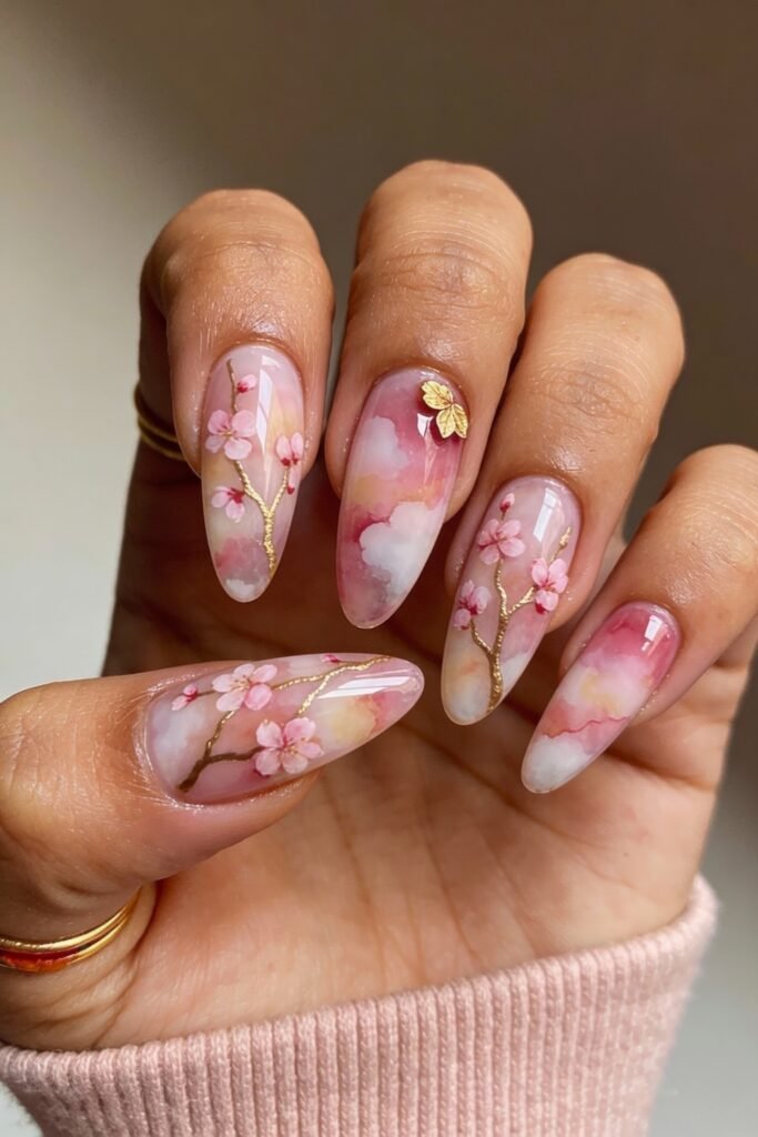 Almond-shaped pink and gold nails featuring watercolor-style cherry blossom branches and delicate gold detailing over a cloudy base.