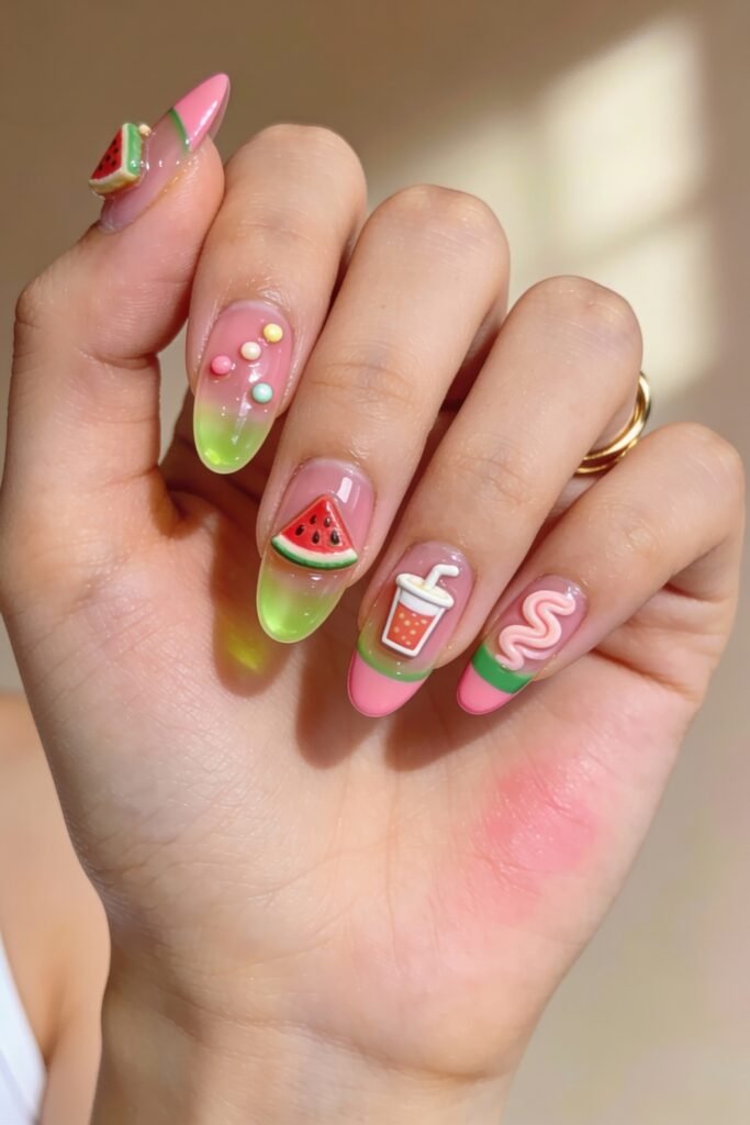 Almond nails with translucent pink and neon green tips, decorated with 3D candy dots, watermelon slices, and drink-themed charms, creating a playful and fruity pink and green nails look.