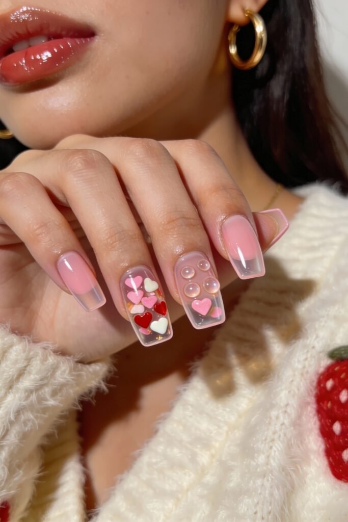 Pink Valentines Nails That Feel Chic, Glossy, and New 19 Square-shaped pink valentines nails with clear tips, featuring colorful 3D hearts and pearl bubble accents for a fun, playful look.