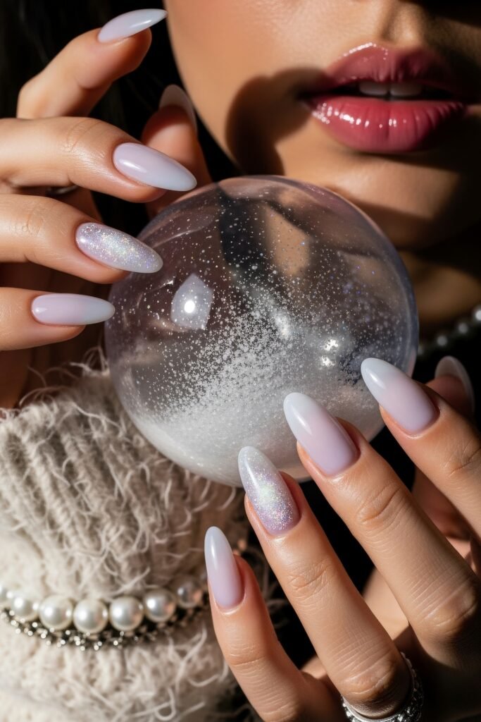 Long almond nails in a soft frosty lavender with a glossy finish, including subtle glitter accent nails, styled alongside a snow globe for a dreamy winter nails aesthetic.