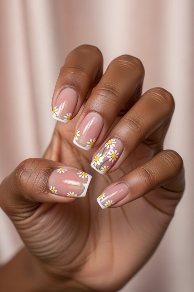 Fresh, Luxe Spring Nail Designs You’ll Want to Save 19 A charming daisy-themed manicure on a nude base, featuring white French tips and clusters of hand-painted flowers for a classic spring nails design.