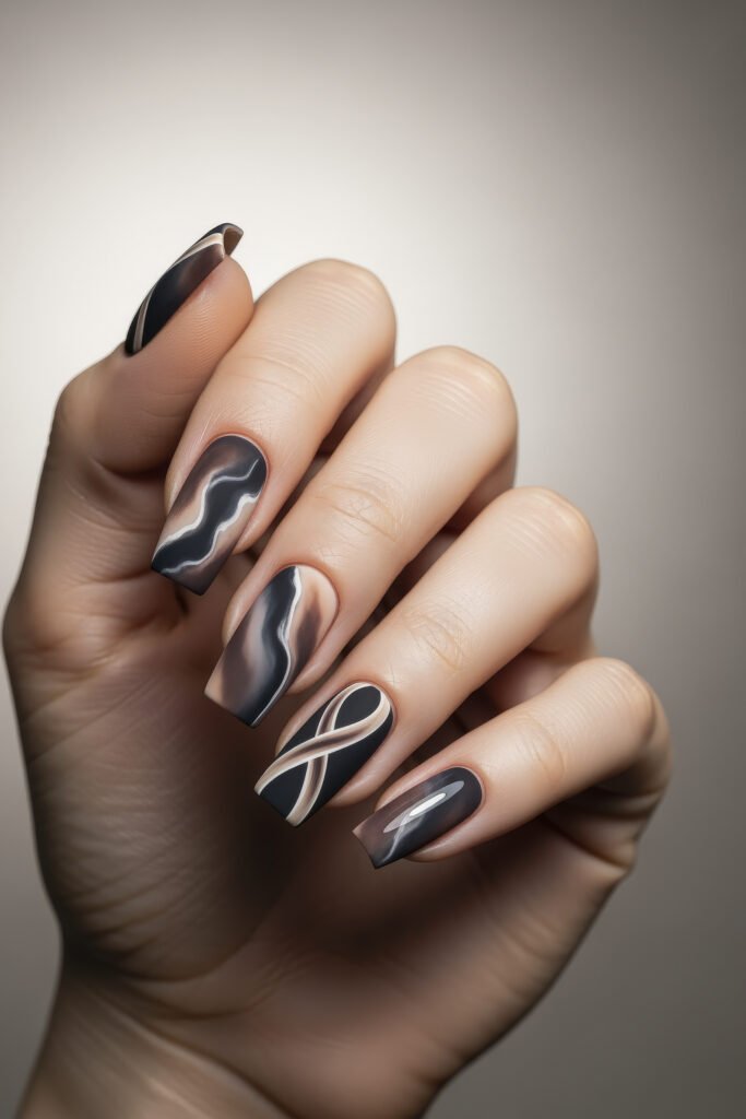Matte acrylic nails in deep black and neutral tones with fluid swirl patterns and a looped ribbon accent, combining boldness with graphic flair.