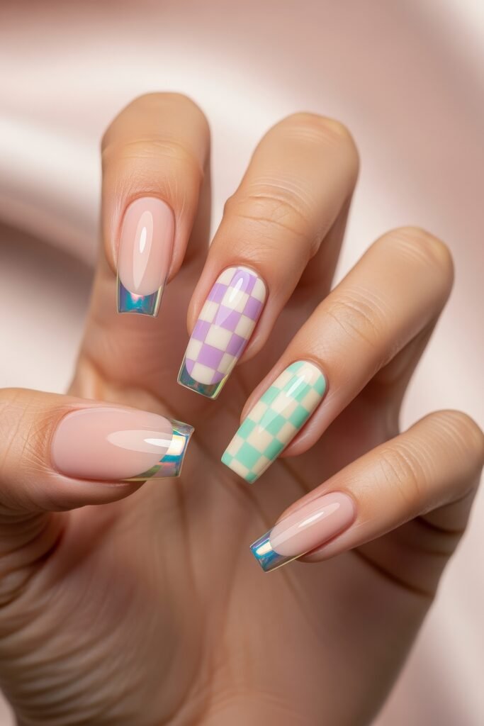 Coffin-shaped nails featuring mint green and lavender checkered prints, complemented by chrome French tips on nude nails, for a vibrant Easter-inspired look.