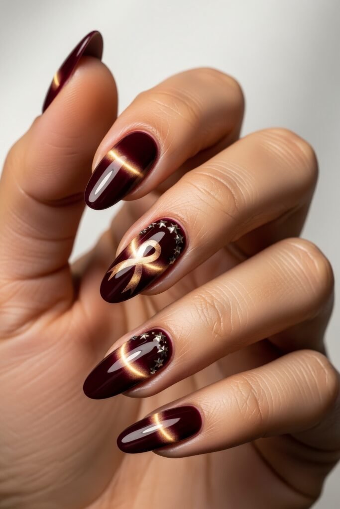 Almond nails in deep wine red with magnetic golden cat-eye accents and star details, including a gold ribbon design for a bold and festive January nails vibe.
