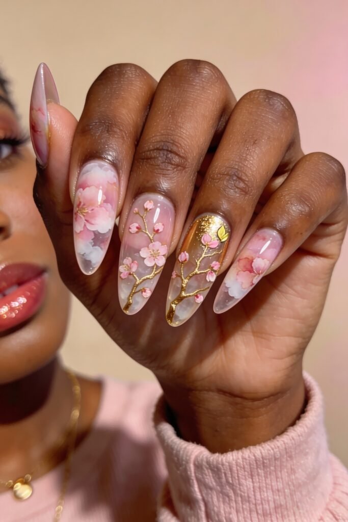 Elegant stiletto-shaped pink and gold nails with translucent cherry blossom designs, shimmering gold branches, and a gold foil accent.