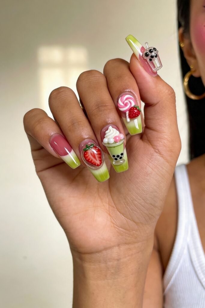 Square nails with a pink-to-green gradient base, embellished with 3D strawberries, lollipops, whipped cream, and bubble tea charms for a vibrant and sweet pink and green nails design.
