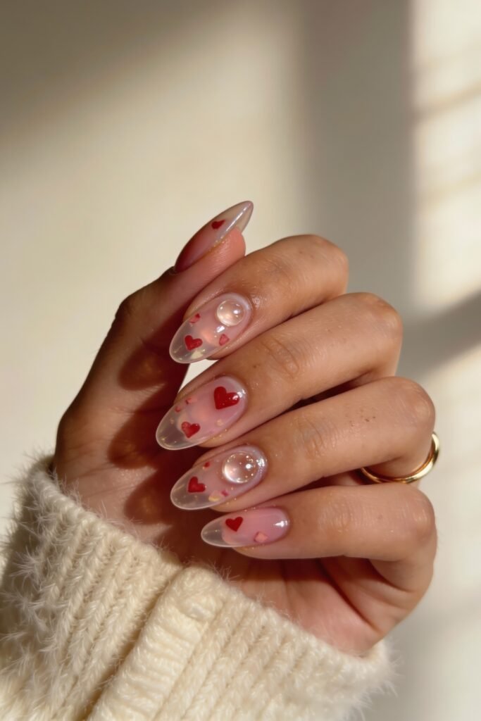 Pink Valentines Nails That Feel Chic, Glossy, and New 20 Almond-shaped translucent pink valentines nails decorated with floating red heart confetti and 3D bubble accents.