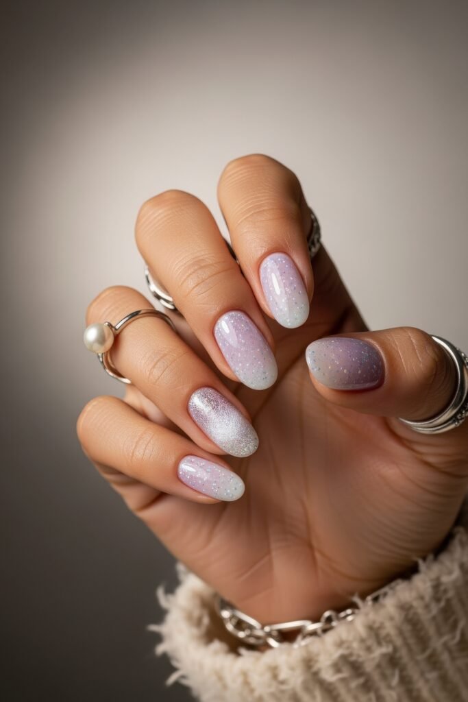 Short almond nails featuring a sheer lavender ombré with icy blue sparkles and a silver glitter accent nail, creating a frosty, playful winter nails look.