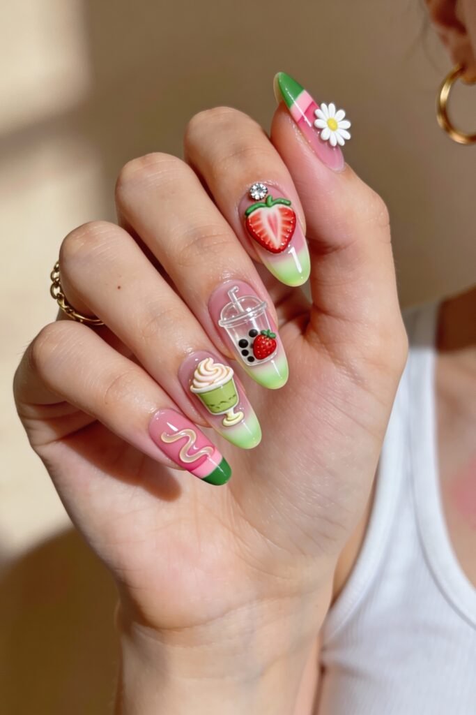 Almond nails with soft pink and green tips, adorned with 3D charms like a cupcake, bubble tea, strawberry, daisy, and wavy lines for a fun and cheerful pink and green nails vibe.