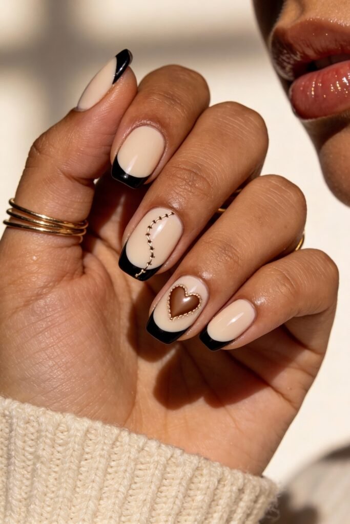 Black Valentines Day Nails That Feel Chic And Romantic 22 Nude square nails with glossy black french tips, featuring stitched gold chain accents and a raised heart detail framed in gold for a chic and edgy valentines day design.