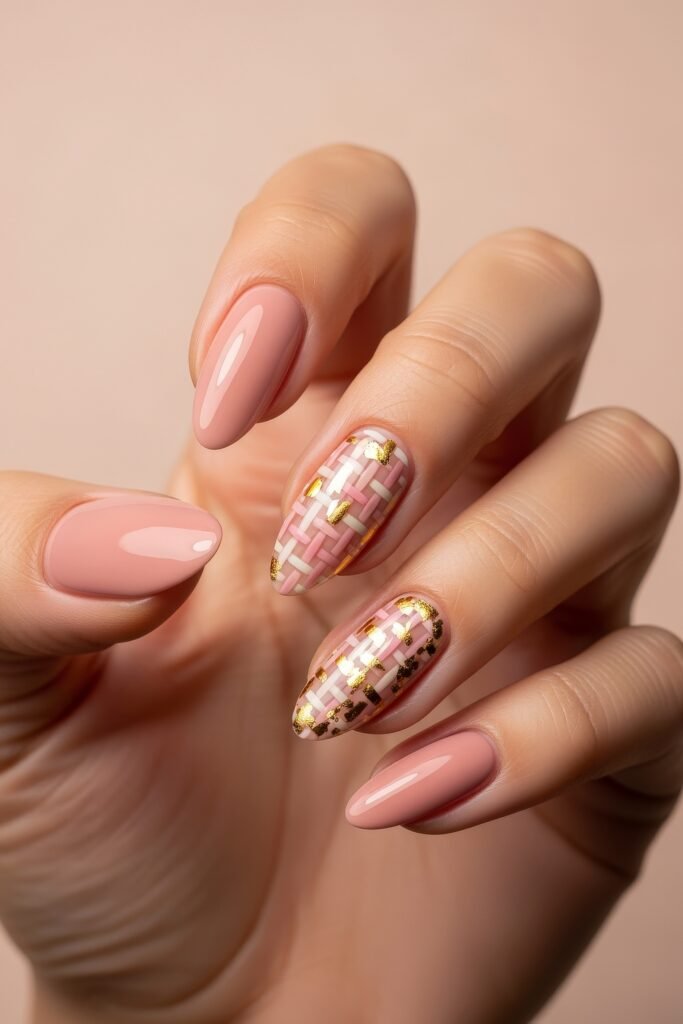 Almond-shaped nails painted in soft pink, featuring woven basket-like accent nails in white and blush tones with gold foil details, evoking a chic Easter nail design.